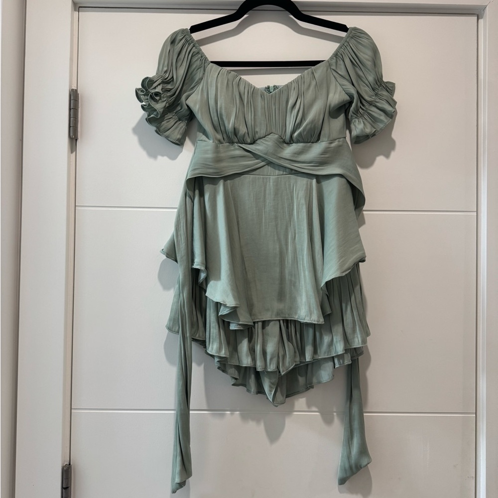 Sage Green Puff Sleeve Babydoll Mini Dress